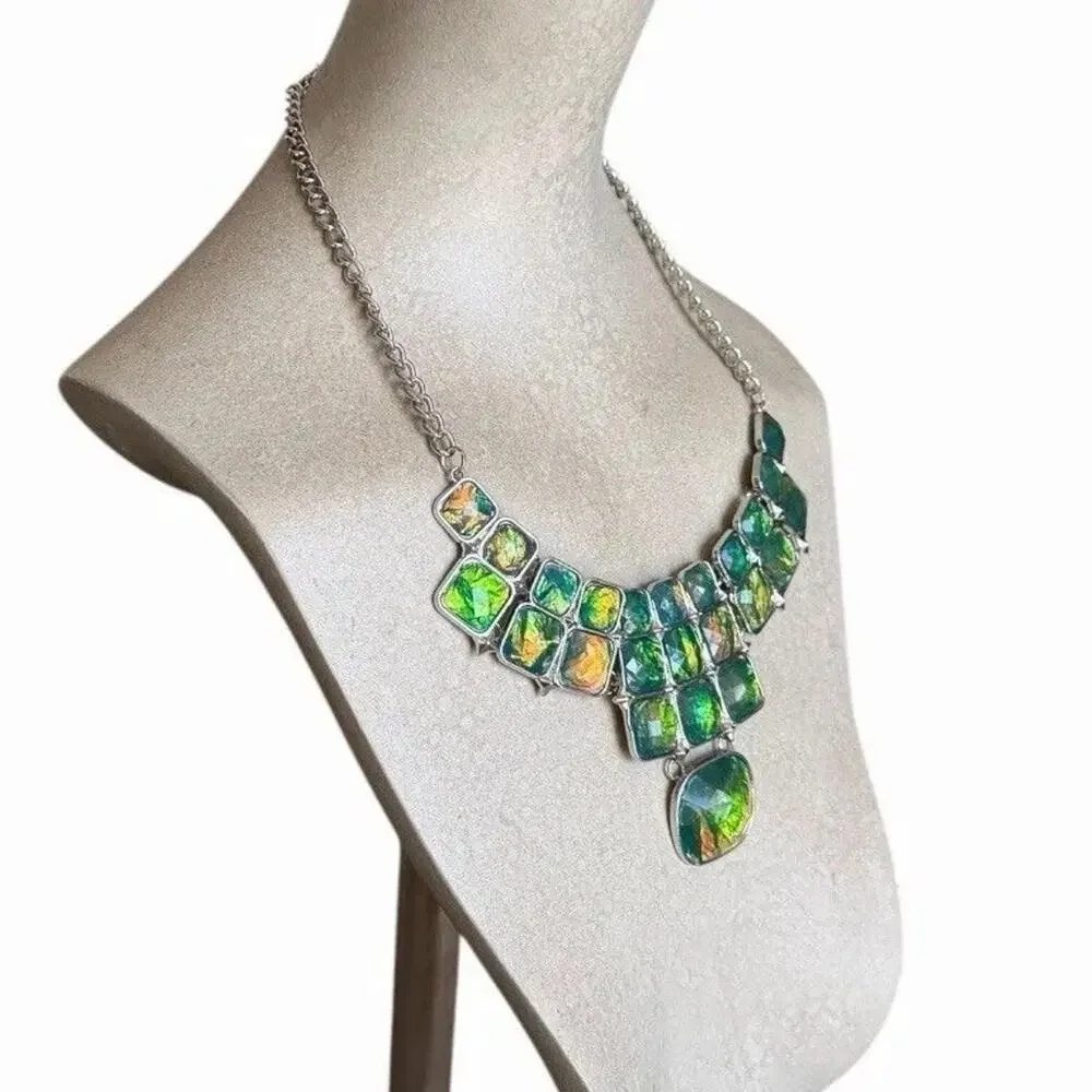 Iridescent Green Statement Bib Necklace Chunky Geometric Silver Tone Boho